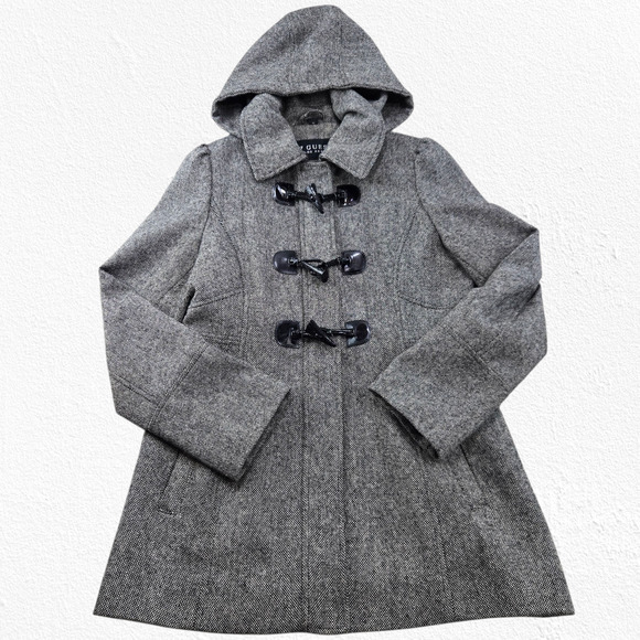 Guess Gray Wool Blend Toggle Tweed Coat Hooded Short Peacoat Size Medium - Picture 2 of 12